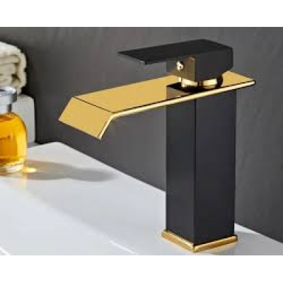 Смеситель умывальника шар. цв. черный с золотом низкий Водопад квадратный гусак АкваСити